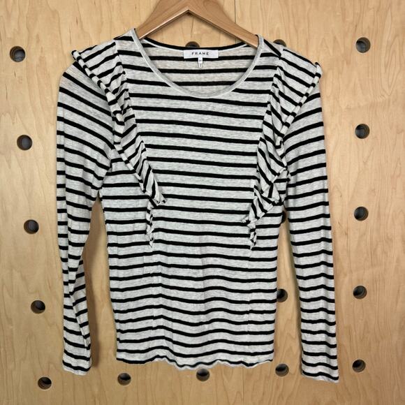 Frame Women’s Crewneck Striped White Black Linen Top w/ Ruffled Trim Size Small - Picture 3 of 6
